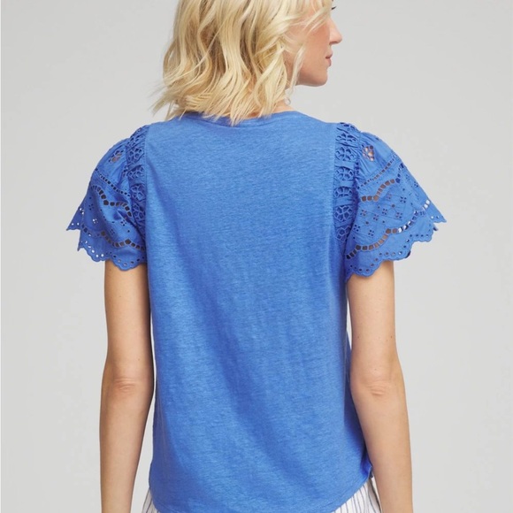 Chico's Linen Blue Embroidered Sleeve Blouse Size Large NWT - Picture 3 of 8